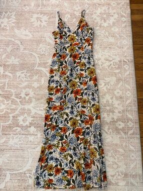 Floral Spaghetti-Strap Maxi Dress in Ivory with Orange & Yellow Blooms Size S